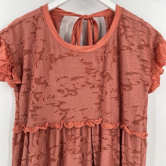 Anthropologie Ruffle Knit Mini Dress Pink Coral Tie Back Short Sleeve Size Small - Picture 4 of 11